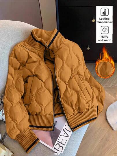 Franclia 欧美时尚撞色拼接针织菱形图案羽绒服，女士户外羽绒服，带口袋，秋冬款