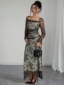 Rafferiza Vestido elegante de manga larga con cuello de cisne, encaje floral y plisado ajustado para mujer - Negro - Ver 6