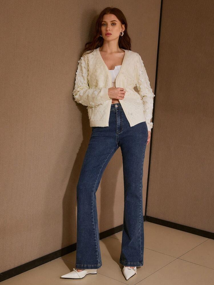 SEQUINS SOLID V-NECK CARDIGAN