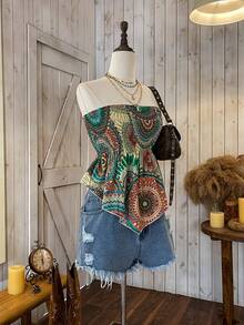 Wildy Summer Mandala Print Asymmetrical Hem Tube Bodycon Top - Multicolor - View 3