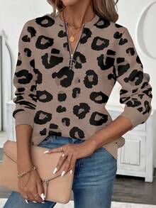 EMERY ROSE Plus Size Women Casual Minimalist Leopard Print Zip-Up Round Neck Fall Tops Sweatshirt Fall Clothes For Women Leopard Print Tops - Multicolor - View 5