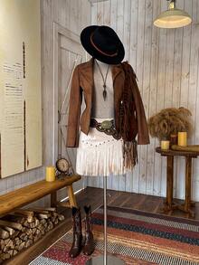 Wildy 休闲复古PU仿麂皮翻领夹克，棕色麂皮西装外套，女士秋季穿搭，秋季女装，教师装扮，女士外出装扮 - 棕色 - 查看 5