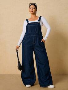 SHEIN PETITE CURVE Peto vaquero holgado de talla grande para mujer con diseño de botones, bolsillos y piernas anchas, de estilo casual y elegante, en color azul oscuro, con un ajuste suelto y bolsillos funcionales, ideal para uso diario, invierno, Navidad, Año Nuevo, Acción de Gracias, viajes, graduación, estilo Y2K, uso casual, fiesta, boda, negocios y talla grande - Azul - Ver 6