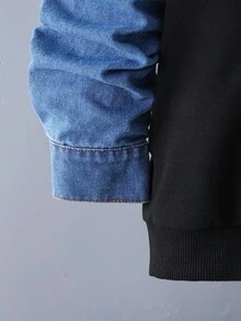Vacaura 两件套休闲酷炫男童牛仔拼接连帽衫和慢跑裤运动套装，适合秋冬季休闲通勤穿着。 - 黑色 - 查看 5