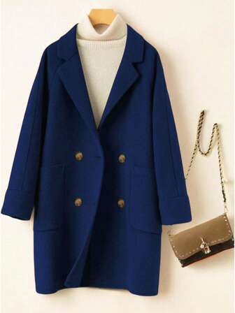 Linhara Plus Size Double-Breasted Casual Warm Wool Coat, Autumn/Winter