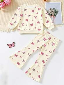 Young Girls Casual Bow Print Sweatshirt Set