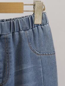 Mirajuku 8-12 Years Old Autumn/Early Winter Navy Knit Ribbed Two Pieces Set, Top Is Navy Knit Ribbed Pullover Long Sleeve With Faux Pocket, Bottom Is Distressed Denim Jeans, Collegiate Style, Suitable For Various Occasions And Holidays, Essential Basics - Navy Blue - View 7