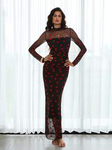 Opulessa Vacation Knit Mesh Heart Flocked Pattern Round Neck Long Sleeve Fitted Women Long Dress, Spring Break Outfits, Summer Outfits, Valentine's Day, Beach Dress, Elegant Wedding Guest Dress, Birthday Outfits, Casual Outfits, Vacation Outfits, Going Out Dress Heart Print Dress Black Mesh Dress - Black - View 4