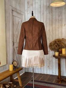 Wildy 休闲复古PU仿麂皮翻领夹克，棕色麂皮西装外套，女士秋季穿搭，秋季女装，教师装扮，女士外出装扮 - 棕色 - 查看 2