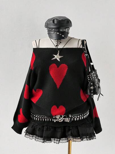 Sunspun Suéter feminino plus size estilo streetwear Y2K com estampa pentagrama em jacquard, decote canoa e mangas morcego, confortável e ideal para outono/inverno e volta às aulas.