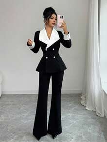 Elenzga Women's Contrast Color Lapel Double-Breasted Long Sleeve Jacket And Flared Pants Elegant Suit Set - Black and White - View 7