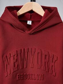 SHEIN Vacaura 2pcs/Set Boys Casual Hooded Sweatshirt And Sweatpants, Knit, Autumn/Winter Fall - Burgundy - View 7