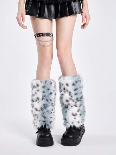 Kawaii 1 par de calentadores de piernas vintage con estampado de leopardo suave y elegante estilo Y2K para mujeres, adecuado para el campus, uso casual, Navidad, artículo cálido de otoño/invierno