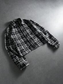 PAVTROS 男士休闲格子长袖衬衫，日常穿着，街头风，宽松版型，适合男士、情侣、印花、我爱我的男朋友、朋友、情侣装、男友 - 黑與白 - 查看 10