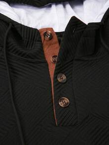 Manfinity Homme Áo hoodie nam cổ tròn cài nút nửa phía trước, màu sắc đơn giản, mùa thu, tay dài - màu đen - Xem 5