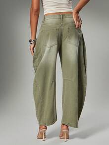 Hauture Women's Casual Everyday Pearl Embellished Washed Denim Jeans - Olive Green - View 6