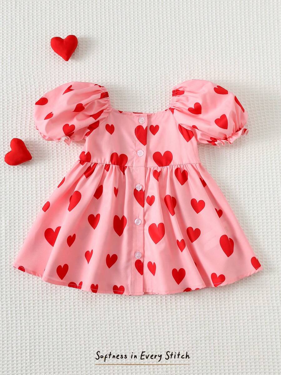 Cozy Pixies Baby Girl Floral Print Square Neck Puff Sleeve Cinched Waist Dress - Pink - View 1