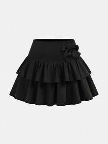 SHEIN 少女休闲、运动、上学、返校季，黑色荷叶边下摆短裤搭配伞裙，春夏装 - 黑色 - 查看 6