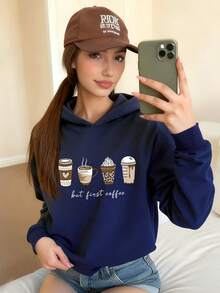 舒适秋冬款式，休闲时尚创意个性清新简约别致的咖啡、冰淇淋、珍珠奶茶、爱心、豹纹、杯子图案、标语印花舒适套头卫衣，适合少女日常穿着 - 藏蓝色 - 查看 3