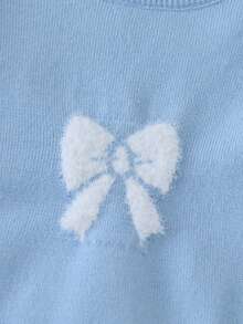 SHEIN Vintaside Kids 女童加厚粉色毛衣，白色蝴蝶结圆领套头衫，休闲可爱，适合叠穿或参加派对，秋冬季佳选。 - 淺藍色 - 查看 5