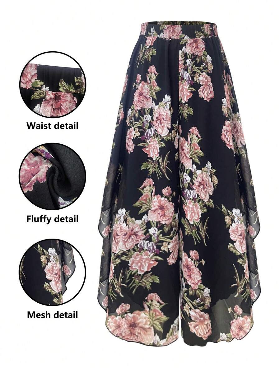 SHEIN Clasi 大码女式不对称下摆雪纺阔腿裤，休闲度假裤 - 彩色 - 查看 1