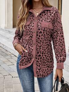 EMERY ROSE 大码女式豹纹拼接衬衫式外套，秋冬款 - 粉色 - 查看 8