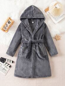 Genkimix Kids Boys' Grey Minimalist Football Allover Print Hooded Long Sleeve Robe, Suitable For Home, Party, Autumn/Winter Robe For Kids Hooded Robe,Boys' Cardigans