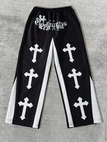 SHEIN Coolqubz Tween Boy 宽松交叉印花休闲阔腿裤，秋季 - 黑色 - 查看 8