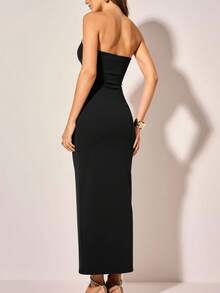 CAJUNI Women's Elegant Black Metal Ring Decor Bodycon Long Dress, Strapless Black Dress, Black Tube Dress, Black Cut Out Dress, Black Sexy Dress Women, Bandeau Dress - Black - View 3