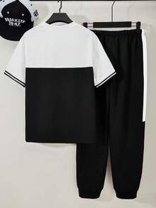 Vacaura 2件套青少年男童圆领休闲撞色字母印花T恤和运动裤套装 - 彩色 - 查看 2