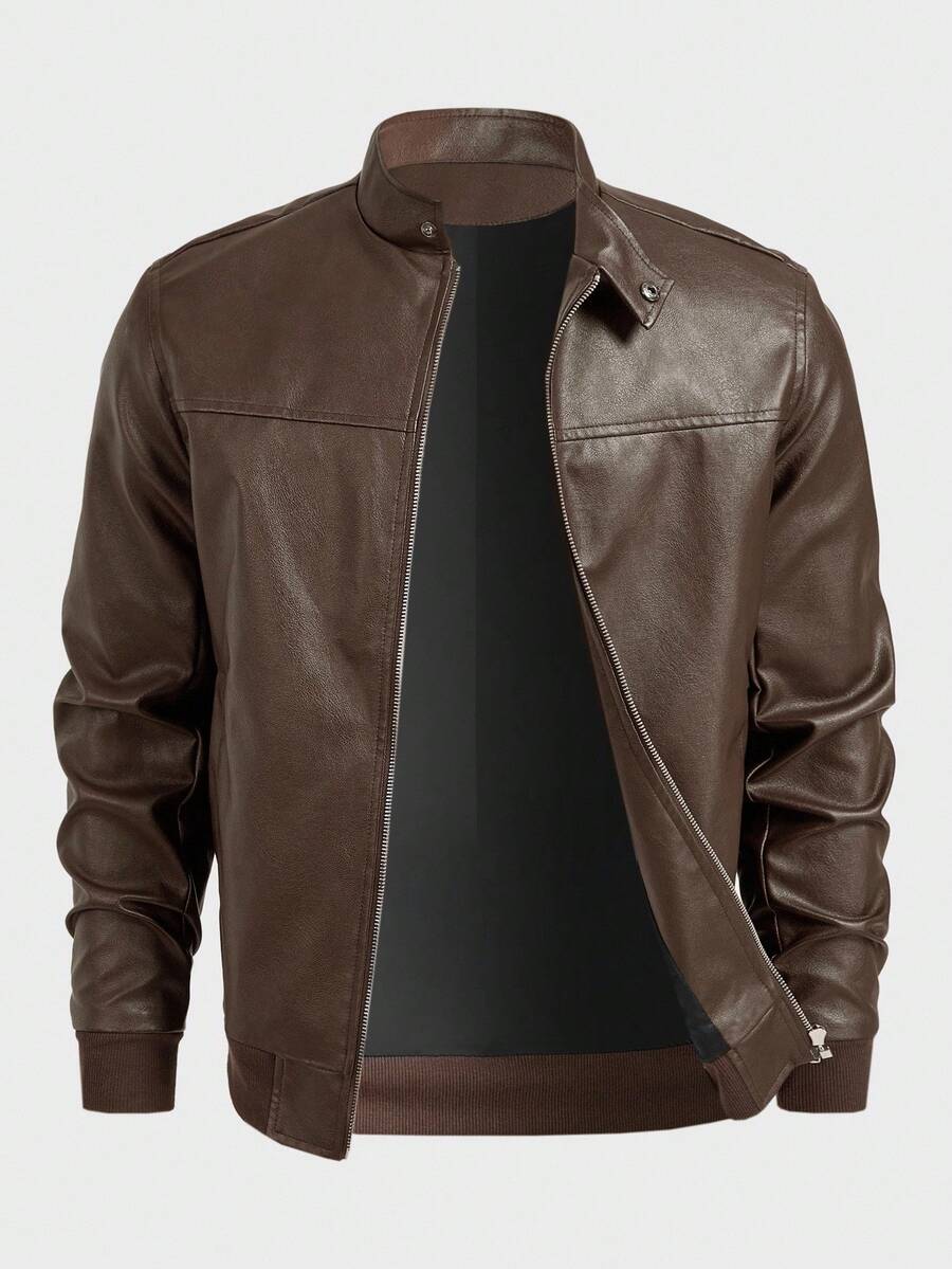 EASEVO Plus Size Casual Zip-Up Long Sleeve Men's PU Leather Jacket, Fall, Winter - Brown - View 1
