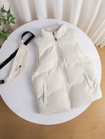 Franclia Chaqueta de pana con cremallera frontal, cuello alto, bolsillos laterales y bolso bandolera, ideal para otoño/invierno