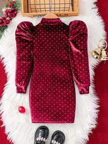 SHEIN Young Girl Christmas Velvet Sequin Glitter Effect Tight Knit Long Sleeve Dress,Burgundy,Autumn,Christening,Ruched Elegant Dress For Ball Party - Burgundy - View 8