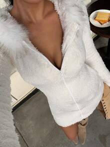MainGRL 女士常规款仿毛皮连帽外套，白色，圣诞节，冬季 - 白色 - 查看 7