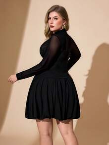 Hourglow Plus Size Women 2 Pieces Set - Solid Color Mesh Patchwork Long Sleeve Top And Mini Skirt, For Hourglass Body Shape/2026 /New Year - Black - View 3