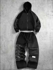 PAVTROS Bộ đồ thể thao nam gồm áo hoodie in khẩu hiệu, khóa kéo phía trước và quần nỉ có dây rút ở eo, màu đen, hai mảnh. Bộ đồ thể thao nam phối hợp, bộ 2 mảnh, bộ quần jogger nam, bộ đồ thể thao phong cách Y2K. - màu đen - Xem 3