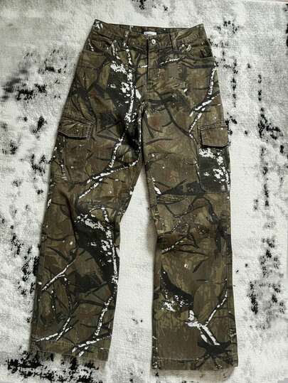 Attitoon 女士时尚通勤迷彩印花阔腿牛仔裤，女士夏季长裤，圣诞节女士度假女士印花牛仔裤，女士度假女士迷彩印花阔腿牛仔裤，带工装口袋，高腰休闲牛仔裤，街头风