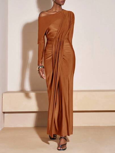 Zivah 2025 Autumn And Winter New Commuting Elegant Casual Vacation Brown Slim One-Shoulder Irregular Pleated Women Maxi Dress, Travel, Commuting, Party, Vacation, Old Money Style, Shopping, Banquet, Elegant, Party, Date,Casual-A