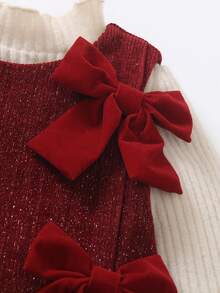 Elladie kids 2pcs/Set Girls Autumn/Winter Outfit,Sleeveless Ribbed Knit Glitter Dress With Red Bows & Soft High Neck Ribbed Sweater,Sweet & Cute Child Clothing - Burgundy - View 7