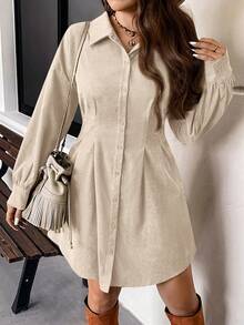 SHEIN VCAY Plus Size Autumn/Winter Waist Cinched Cardigan Style Casual Vintage Dress - Apricot - View 4