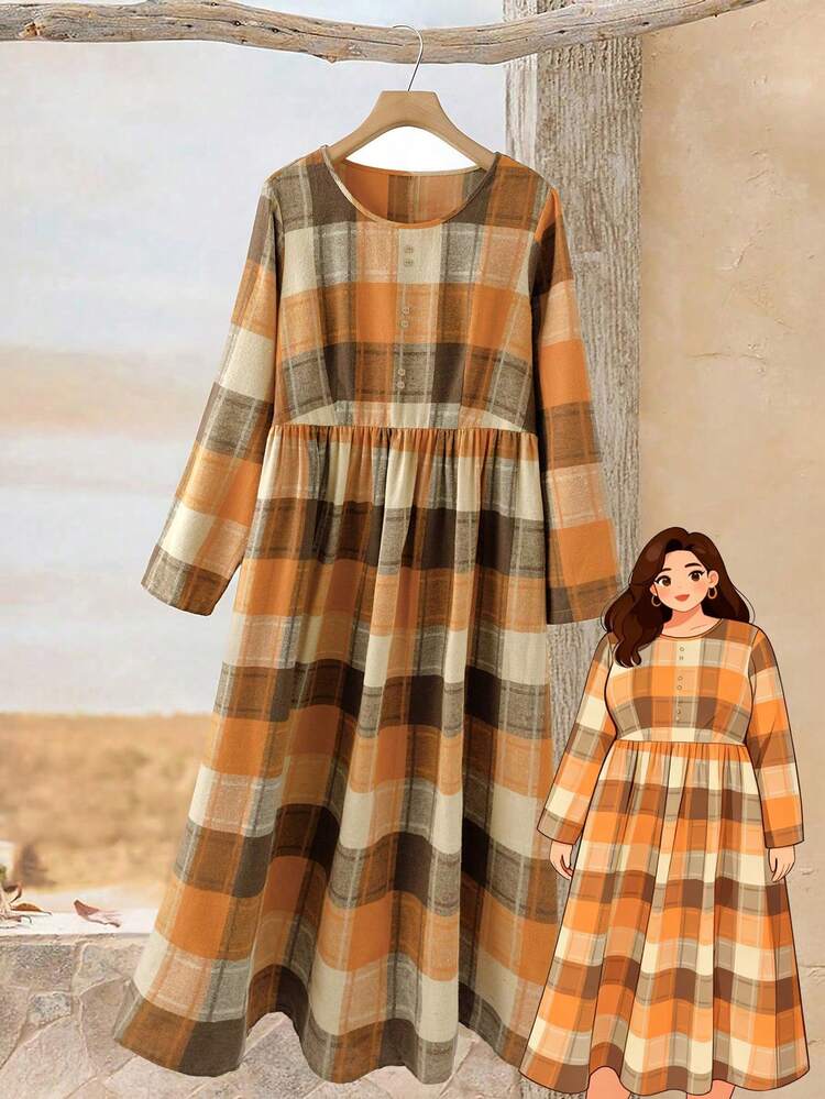 Plus Size Women Plaid Round Neck Long Sleeve Casual Loose Dress Winter Clothes For Women Country Style For Women Country Concert Outfit