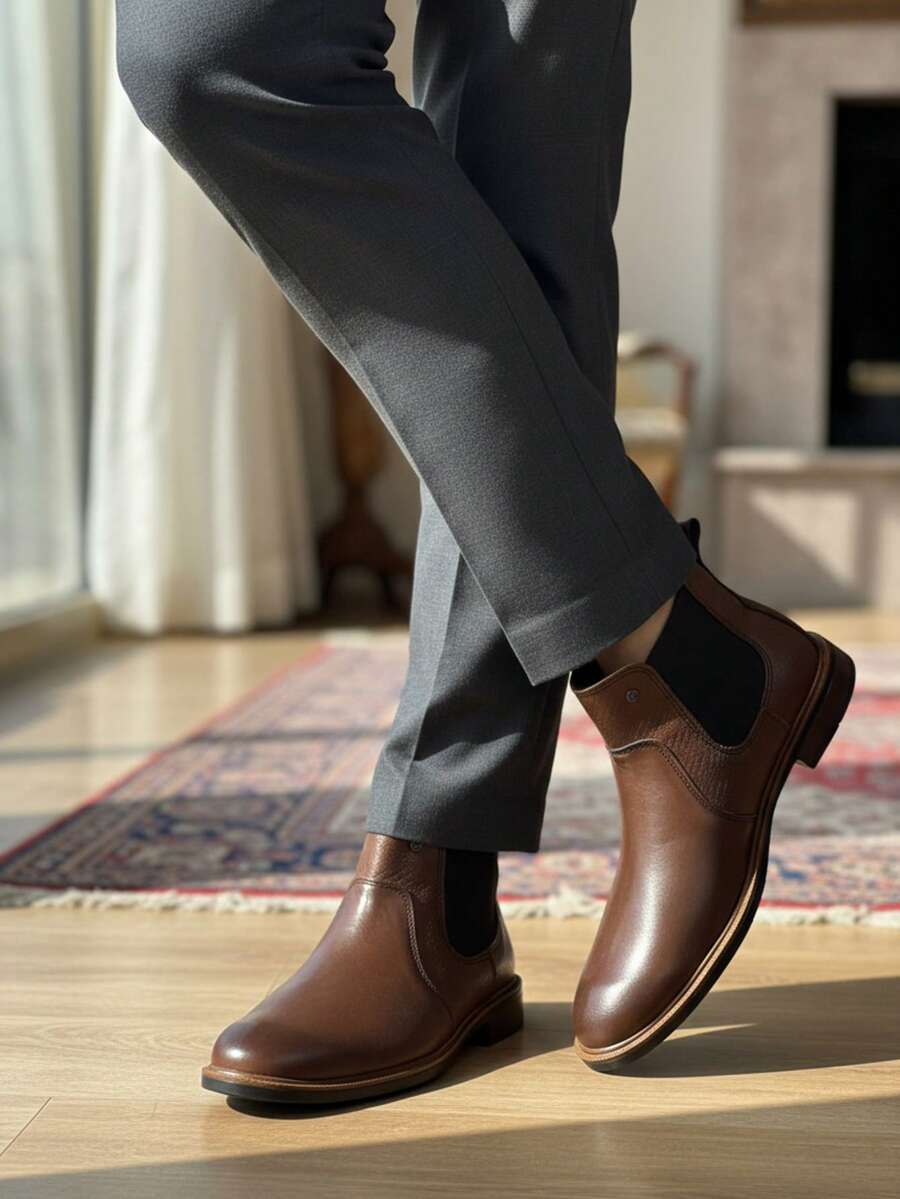 Botines Chelsea clásicos de piel para hombre, en colores marron y negro con panel lateral elástico, ideales para ocasiones formales e informales. Elegantes botines de piel negra para hombre, fáciles de poner y quitar, con paneles elásticos texturizados para mayor comodidad diaria. Botines Chelsea de piel auténtica para hombre, en color negro, con suela resistente, perfectos para un estilo informal de negocios. - Marrón - Ver 1