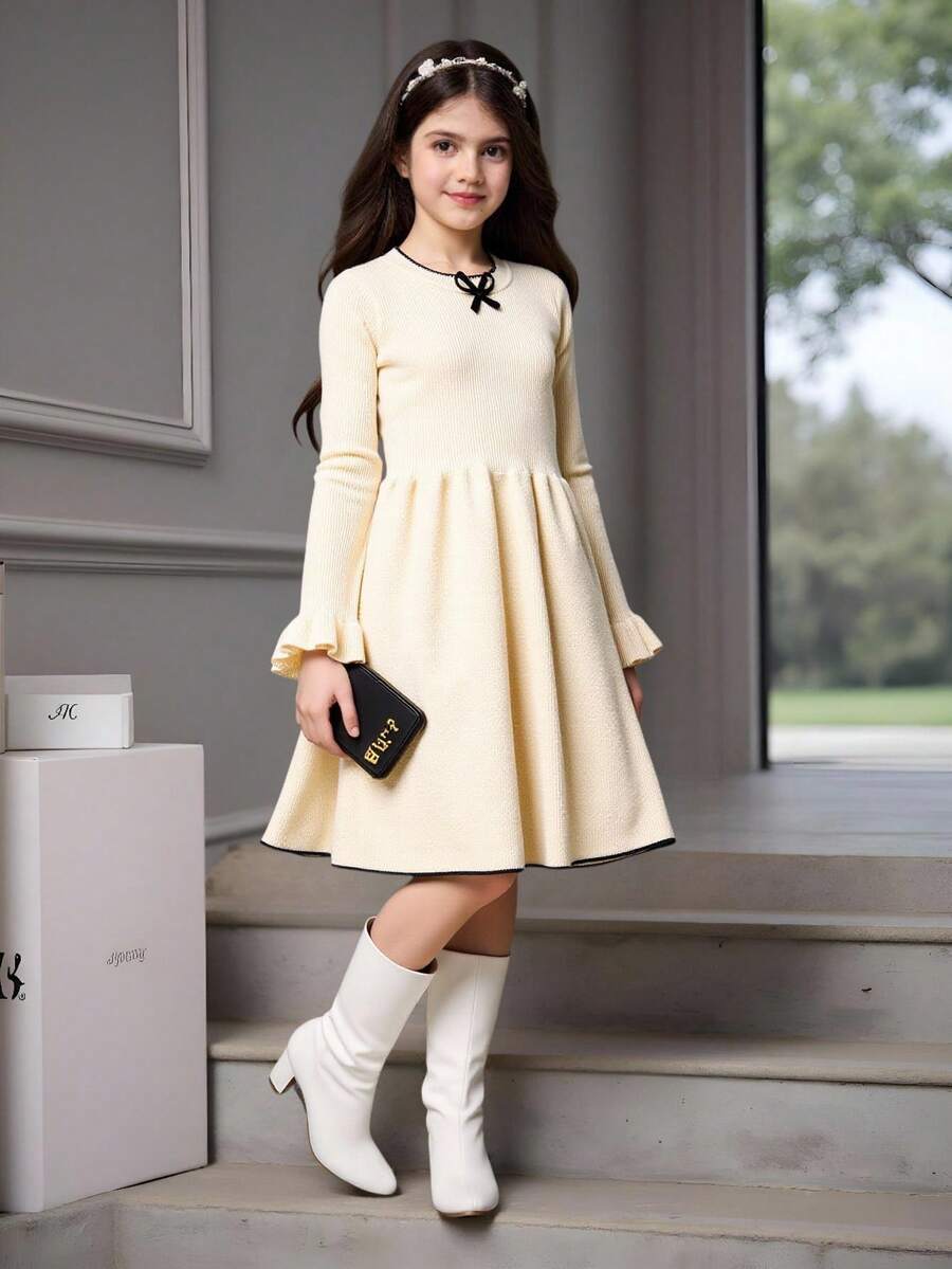 女童毛衣连衣裙，秋冬季女童甜美荷叶边下摆毛衣连衣裙，儿童纯色针织连衣裙，青少年女童长袖连衣裙，女童春秋季连衣裙，中性色连衣裙，米色女童连衣裙 - 彩色 - 查看 1