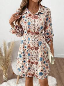 SHEIN Clasi 女士印花荷叶袖单排扣休闲衬衫裙 - 彩色 - 查看 3