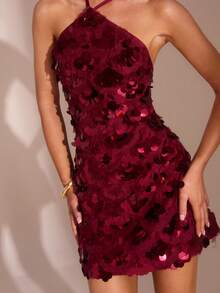 Glamine Váy ngắn hở lưng sequin trơn màu gợi cảm dành cho nữ - Màu Đỏ Sâu - Xem 4