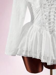 Amplova Robe courte élégante à manches longues avec volants et croisés, automne - Blanc - Voir 6