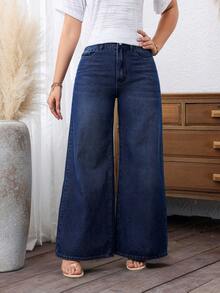 SHEIN PETITE 女士休闲宽松牛仔阔腿裤 - 深色水洗藍 - 查看 8