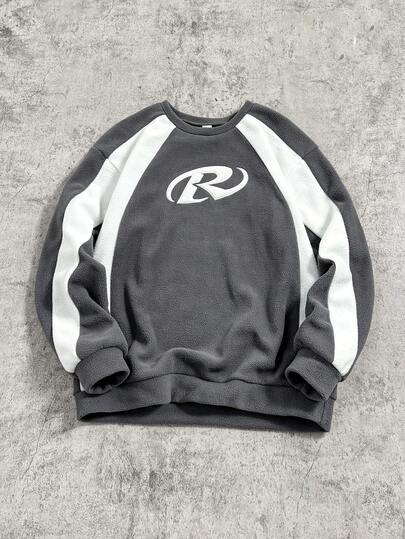 1pc Teen Boy Casual Streetwear Contrast Color Patchwork Fleece Crew Neck Pullover Sweatshirt With Graphic Print, Suitable For Street Style