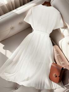 SHEIN Clasi Stylish New French Elegant Chiffon Pleated Polo Collar White Summer Short Sleeve Dress - White - View 2