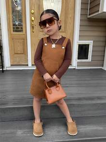 SHEIN Young Girls Khaki Cute Suspender Dress, Loose Casual Fashion Versatile New Dress - Khaki - View 2